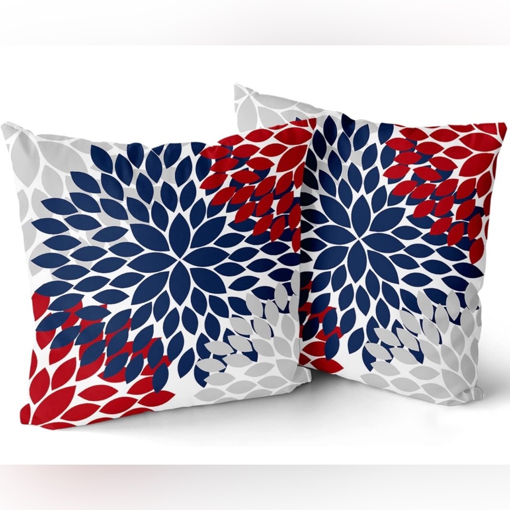 Decorative Floral Burst Accent Pillow Pair in Navy, Red & Gray